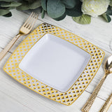10 Pack | 7inch Square Plastic Dessert Salad Plates, Gold & White With Diamond Rims