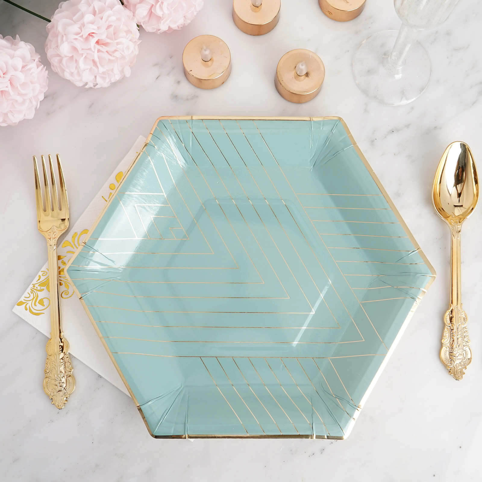 teal and gold paper plates