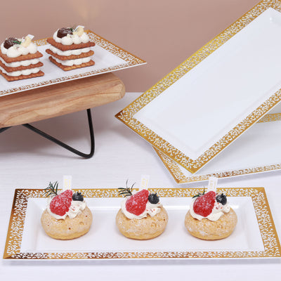 4 Pack | 14inch Gold Lace Print & White Rectangular Plastic Serving Trays