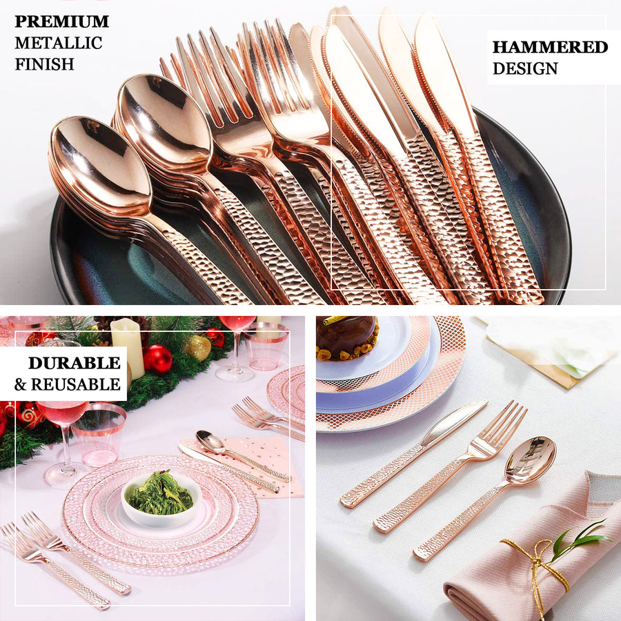 Hammered Design Rose Gold Plastic Cutlery Set, Plastic Silverware ...