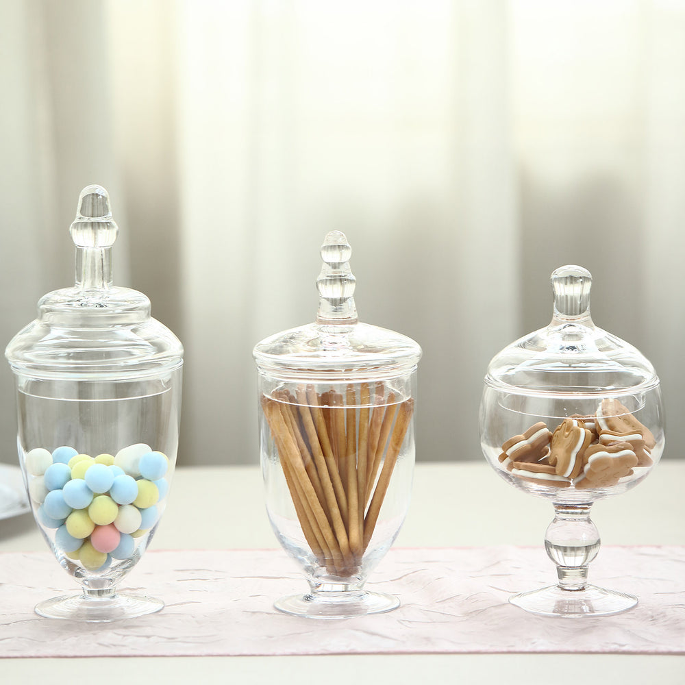 Set Of 3 Apothecary Glass Candy Jars With Lids 91011 Tableclothsfactory