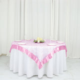 60"x60" Pink Satin Edge Embroidered Sheer Organza Square Table Overlay