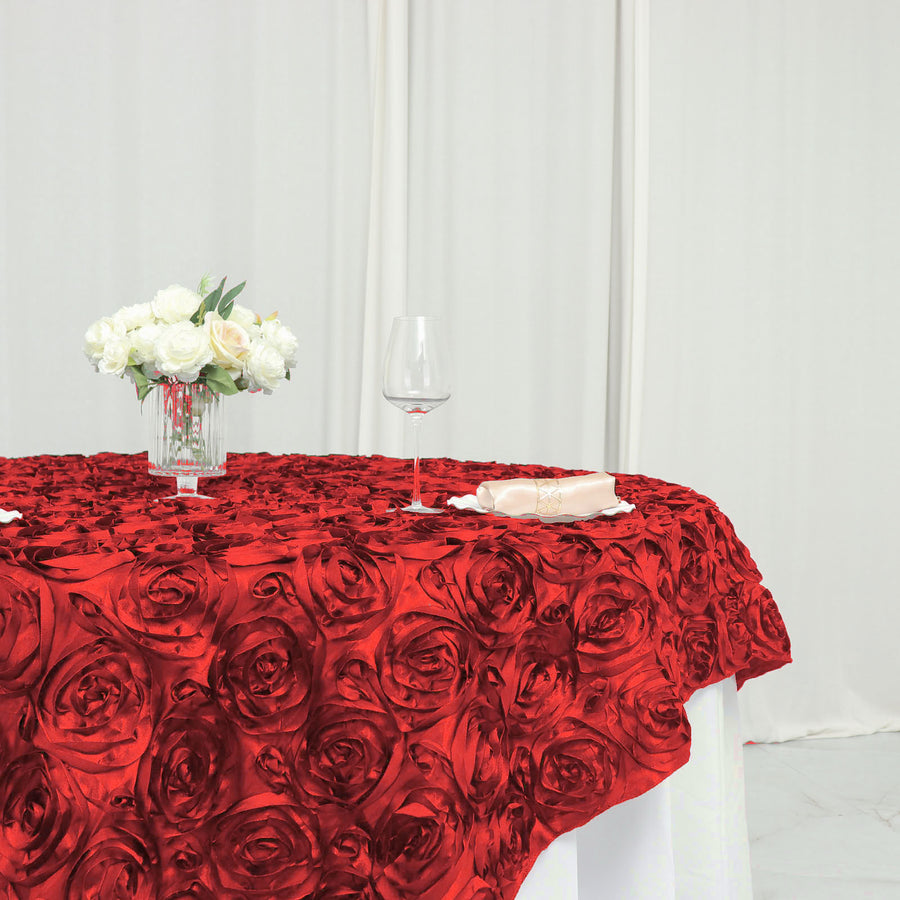 72 X 72 Red 3d Rosette Satin Square Overlay Tableclothsfactory