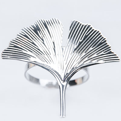 4 Pack | Silver Ginkgo Leaf Napkin Rings, Linen Napkin Holders - Metallic Ornate Design#whtbkgd