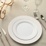 10 Pack - 10inch Rose Gold Rimmed White Plastic Disposable Dinner Plates - Round