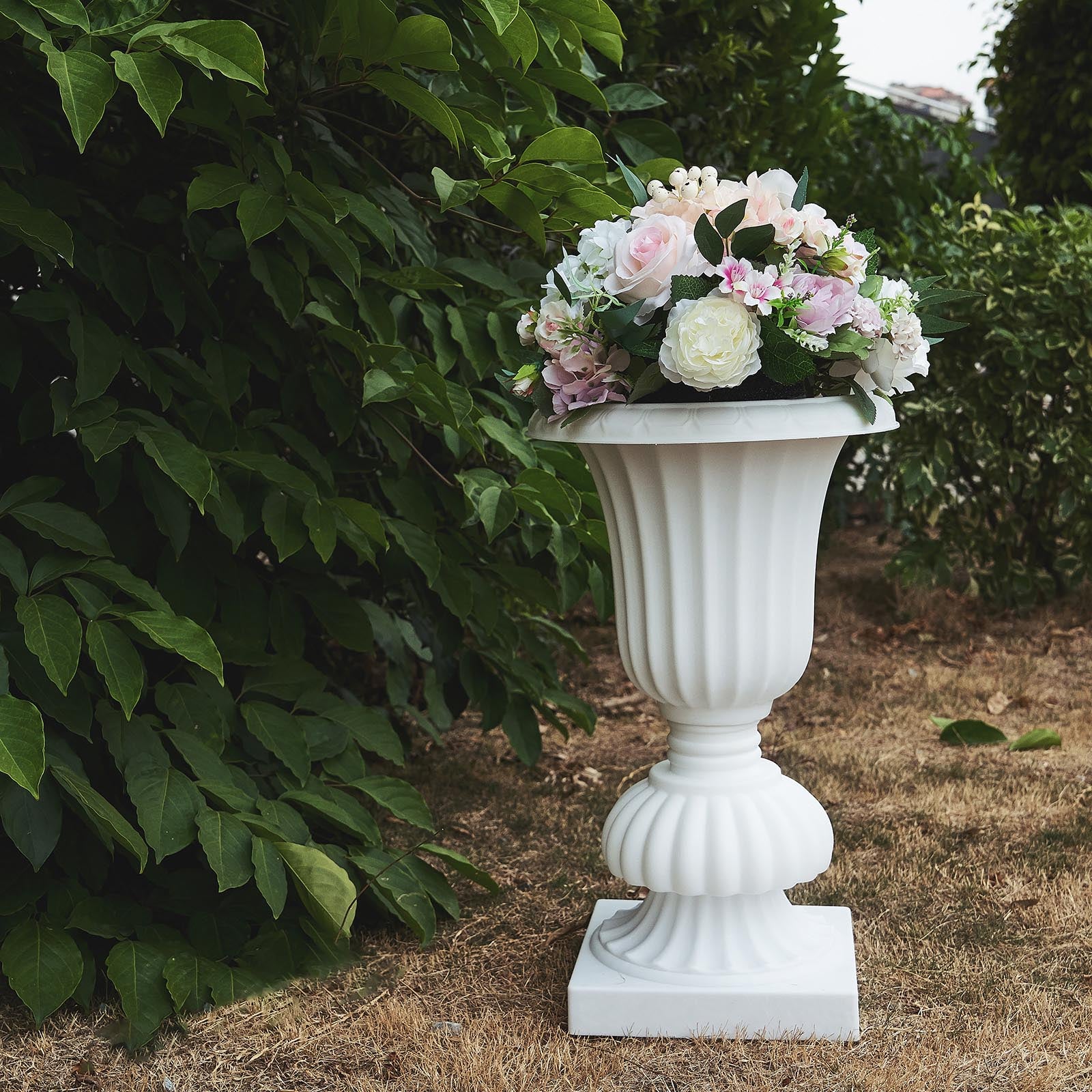 2 Pack | 20" PVC Urn Planter, Floral Pedestal Flower Pot White Plant