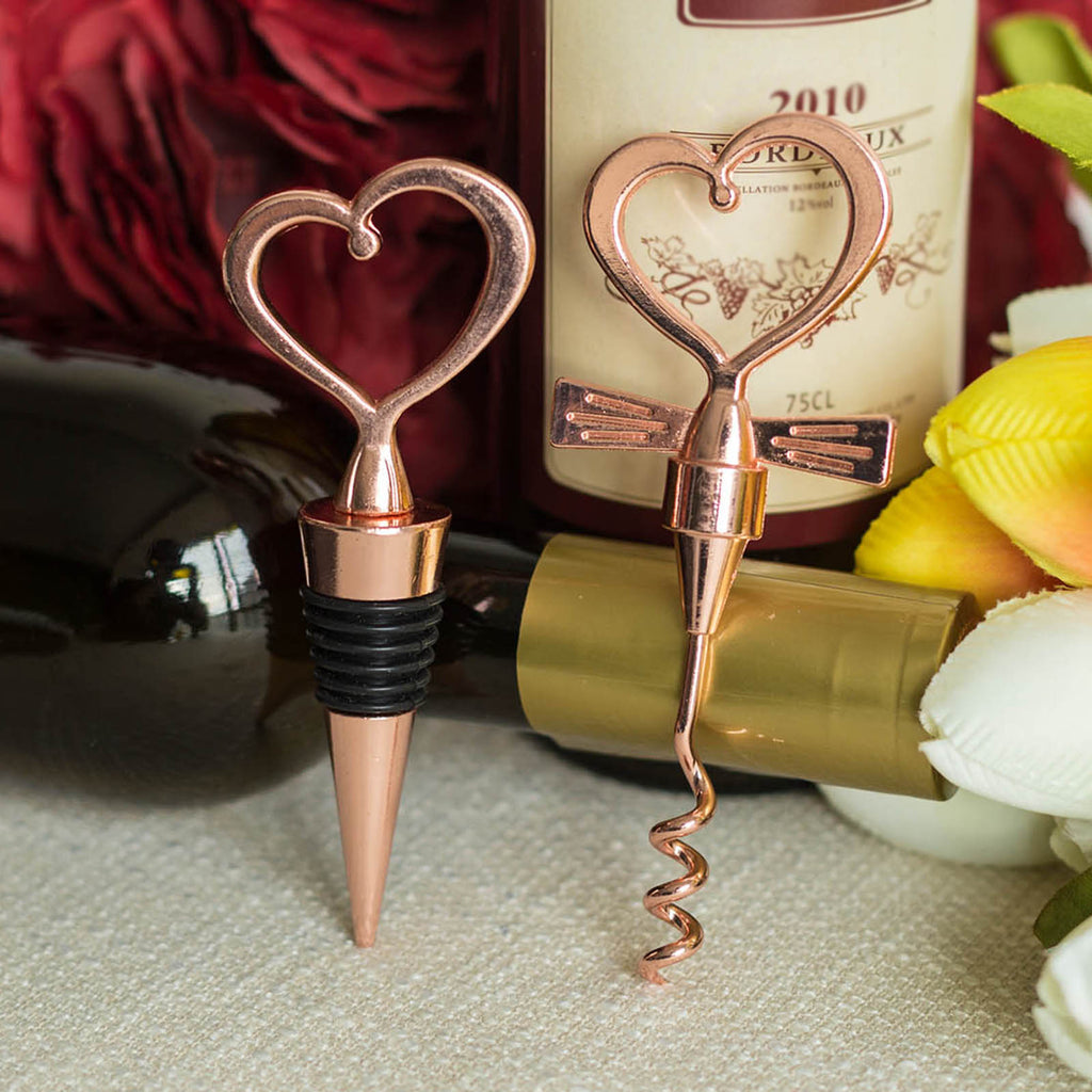 Blush Rose Gold Metal Heart Wine Bottle Opener And Stopper Wedding Favor Set With Velvet Gift Box