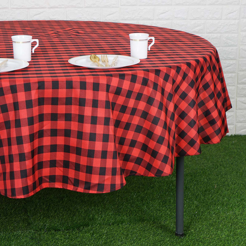 Buffalo Plaid Tablecloth | 90" Round | Black/Red | Checkered Polyester