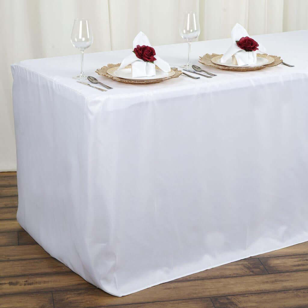 6ft White Fitted Polyester Rectangular Table Cover Tableclothsfactory