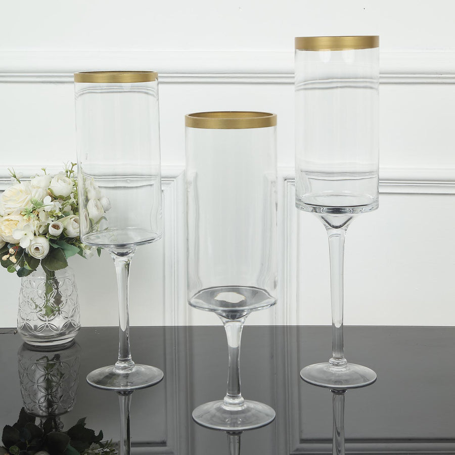 Set Of 3 Clear Gold Rimmed Glass Flower Vases Tableclothsfactory 3491