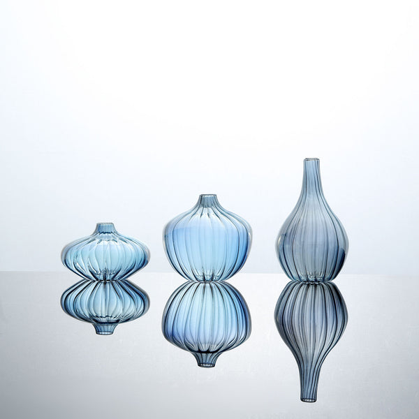 Set Of 3 Blue Glass Flower Vases Ribbed Bud Vase Table Centerpieces Assorted Sizes