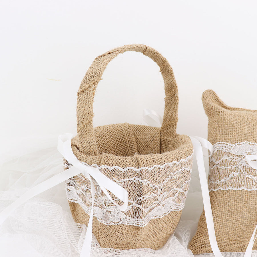 Burlap & Lace Flower Basket & Ring Bearer Pillow | TableclothsFactory