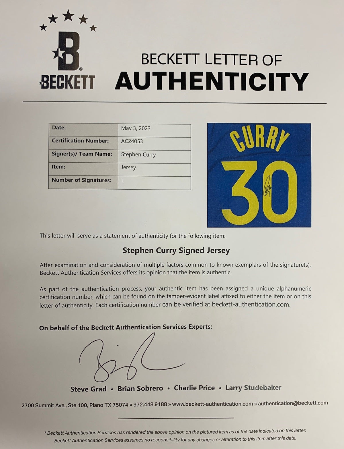 Stephen Curry Autographed Golden State Warriors Nike Swingman Jersey  Beckett COA