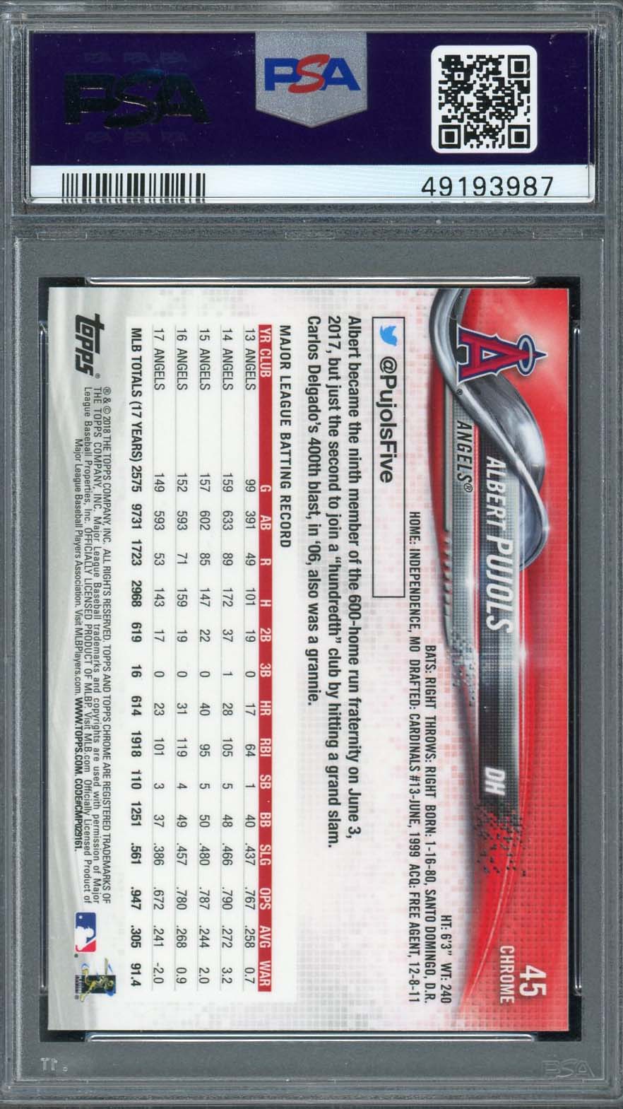 Albert Pujols 2011 Topps Prime 9 Baseball Card #PNR2 Graded PSA 10