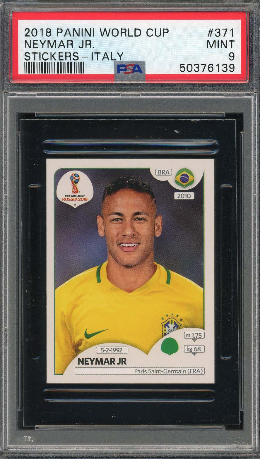 Neymar Jr 2018 Panini World Cup Italy Stickers Card #371 PSA 9