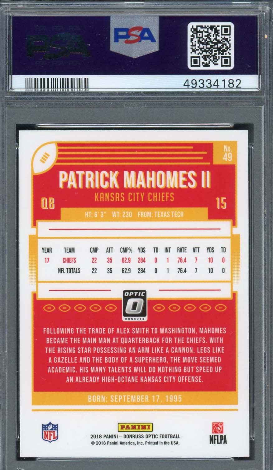 Patrick Mahomes 2018 Panini Select Silver Prizm Football Card #66 Grad