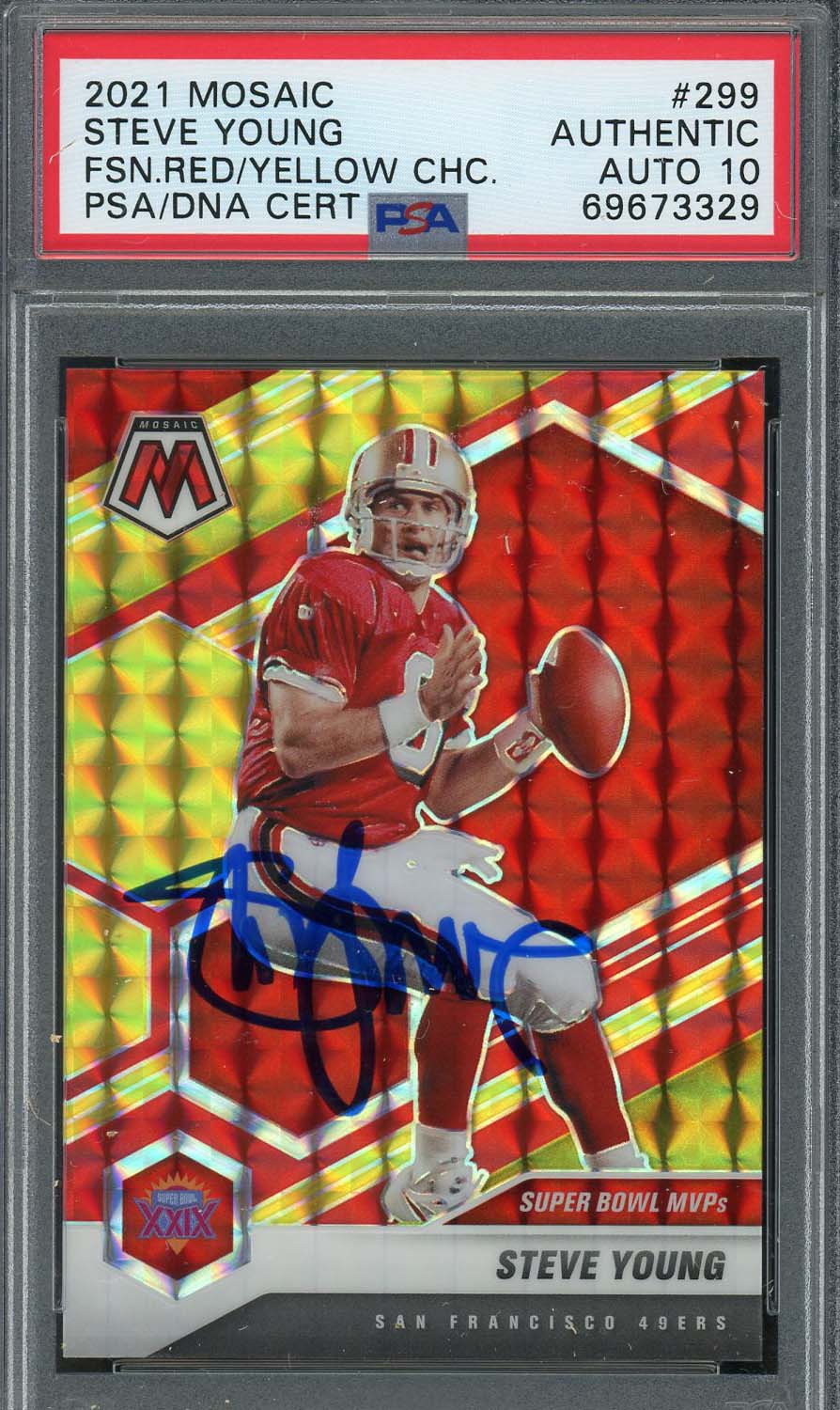 Steve Young 2021 Panini Mosaic Fusion Red Yellow Signed Card #299 Auto