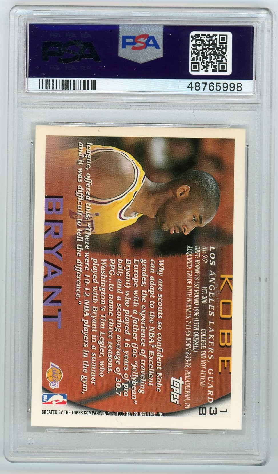 Kobe Bryant 1996 Topps Basketball Rookie Card RC #138 Graded PSA 8