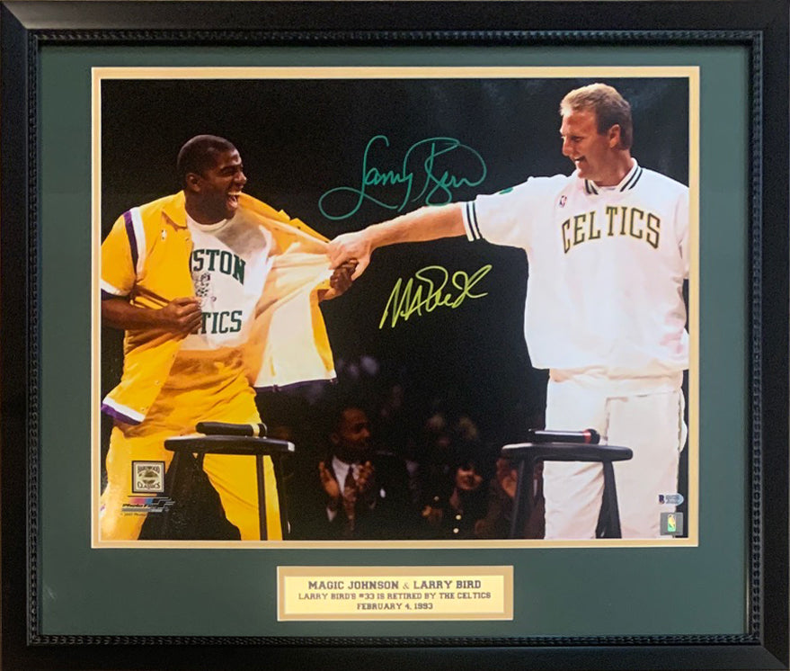 Magic Johnson signed Los Angeles Lakers 11x14 Photo- PSA Hologram #X82593  (w/ Larry Bird)