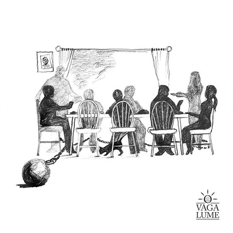 Ilustração de familia à mesa e pessoa presa por bola de ferro