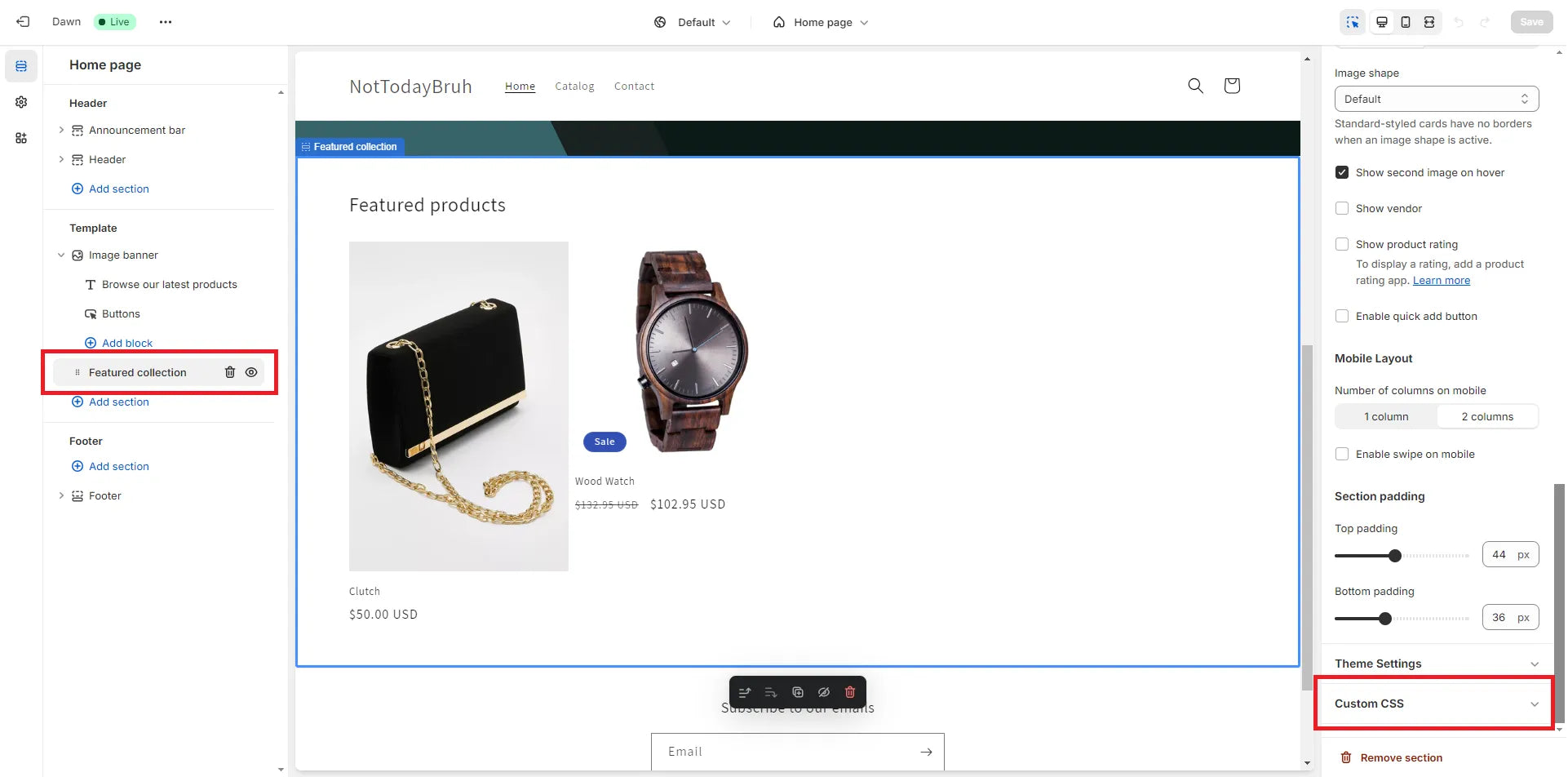 Una captura de pantalla del CSS personalizado del administrador de Shopify.