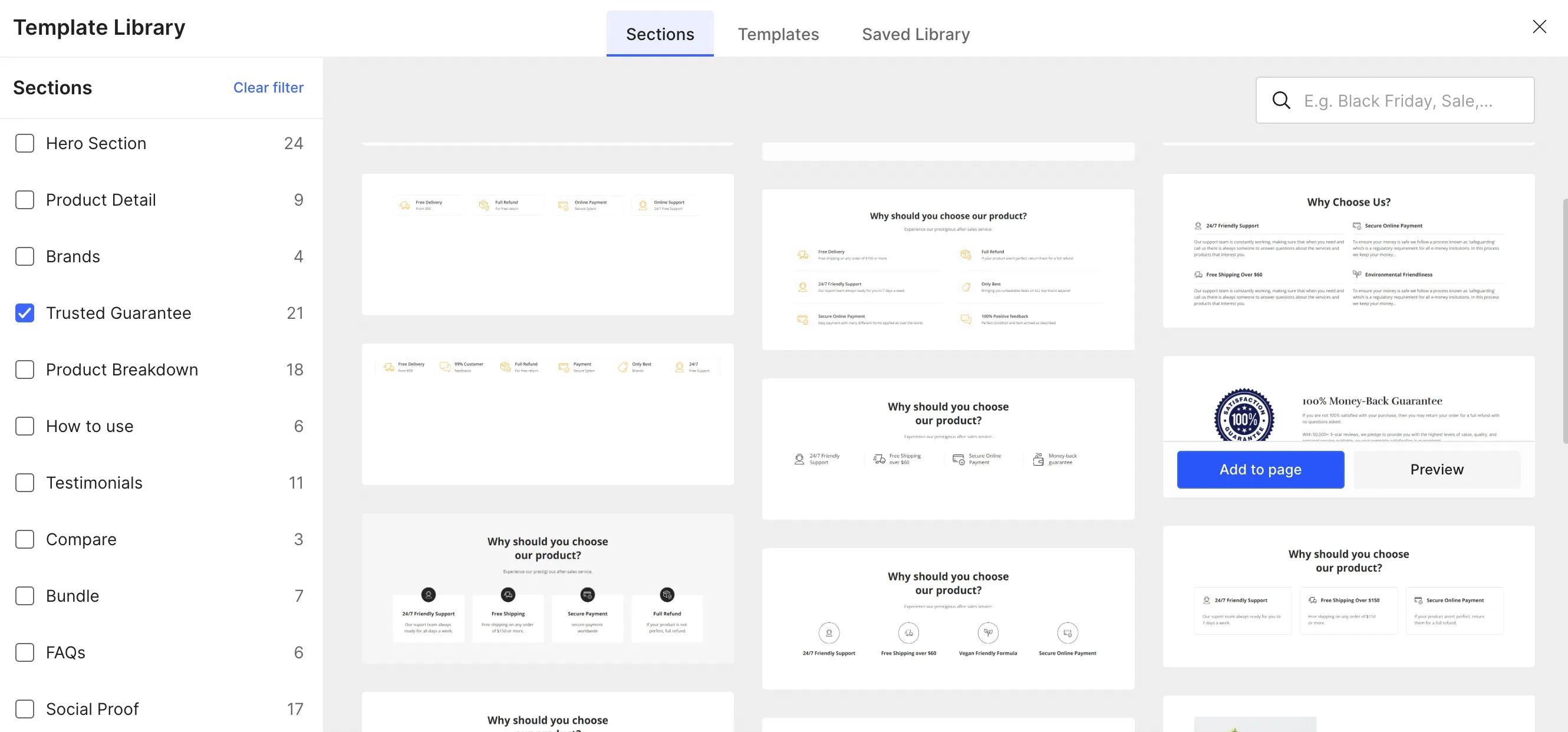 Add to page a pre-built section on GemPages v7.