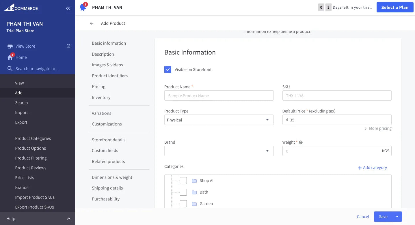 BigCommerce add product section