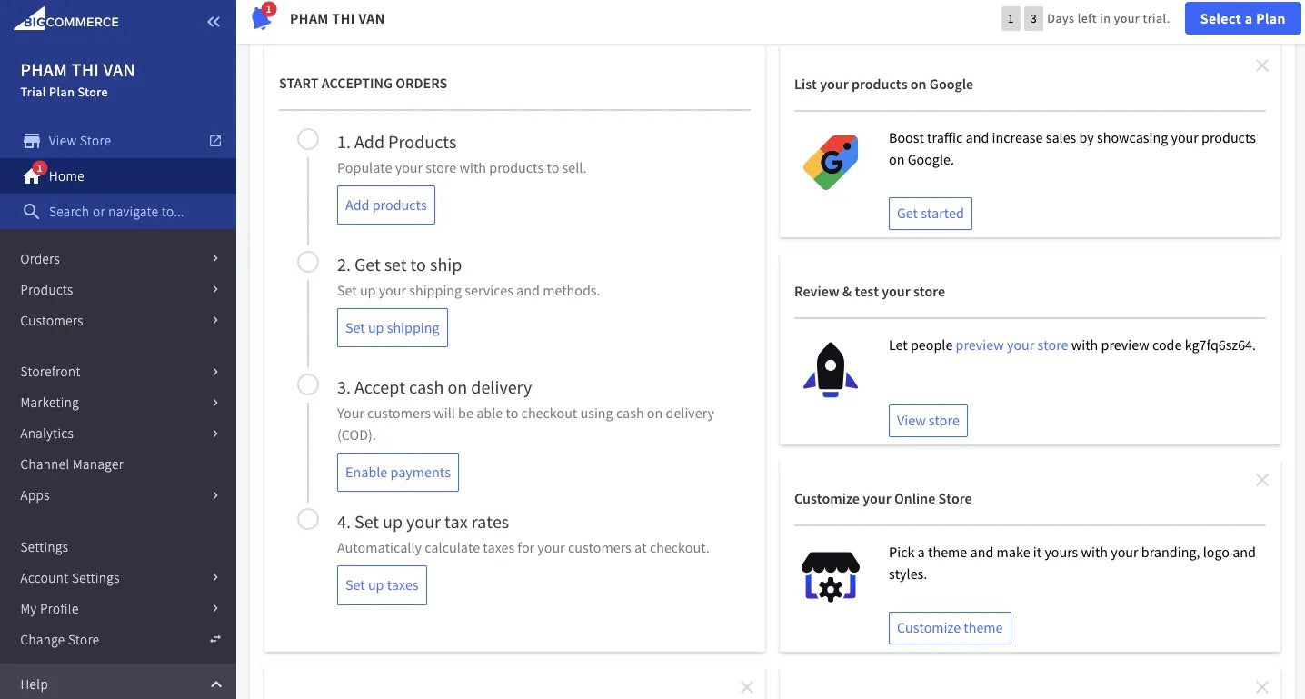 BigCommerce dashboard