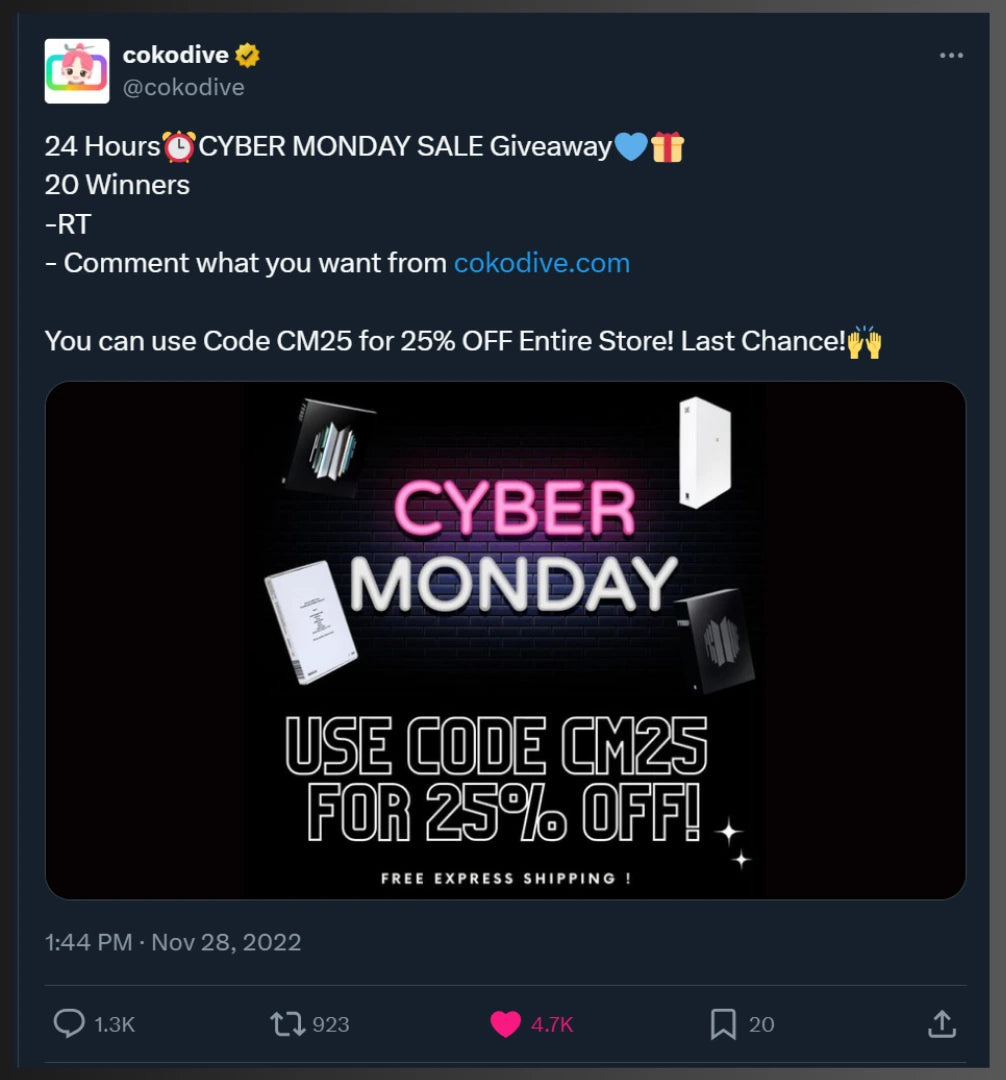 X post for Cyber Monday promotion by Cokodive