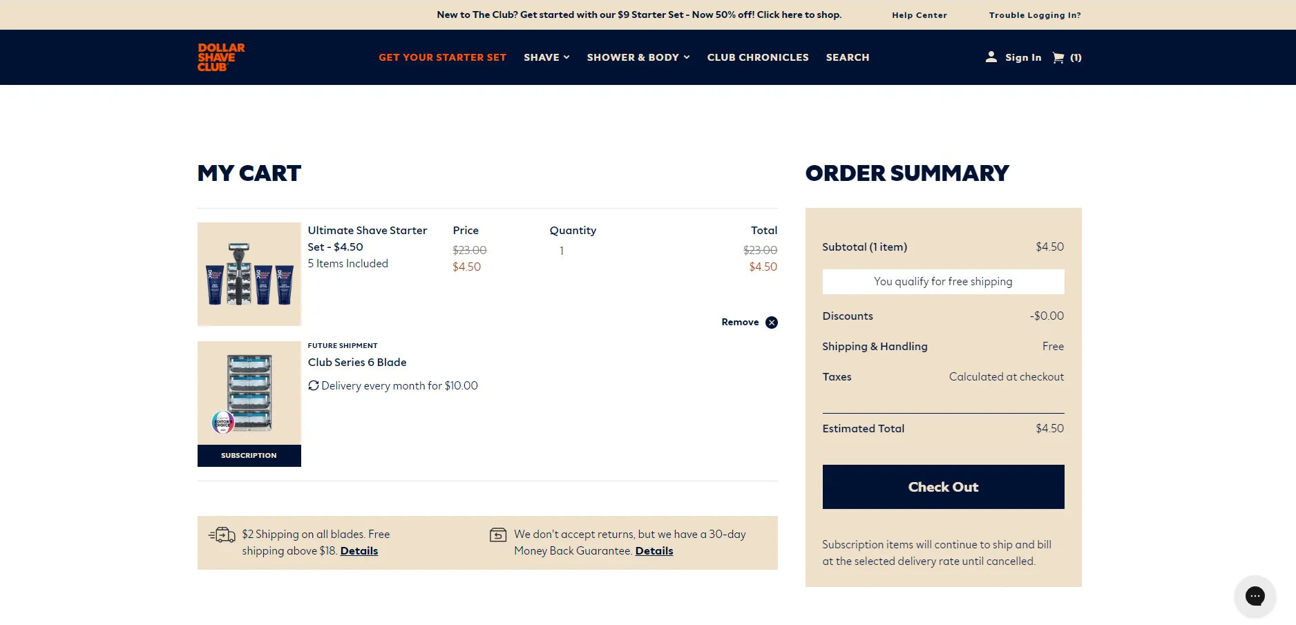 Dollar Shave Club checkout page