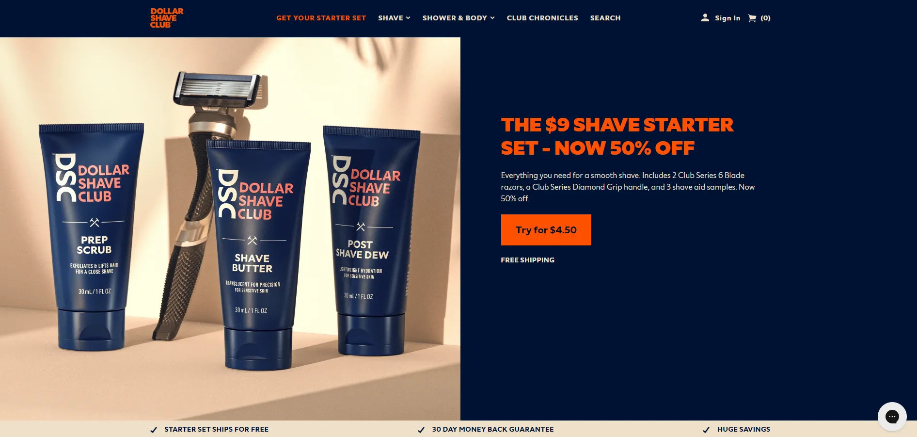 screenshot of Dollar Shave Club click-through landing page