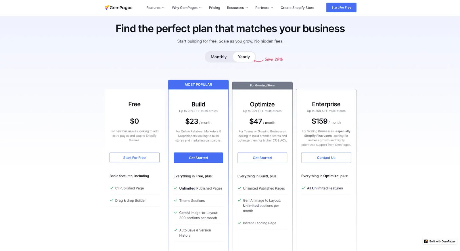 GemPages pricing plans