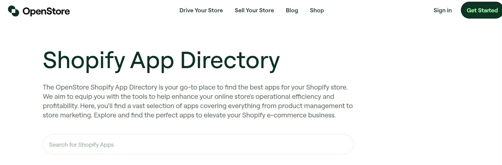 Screenshot of OpenStore landing page
