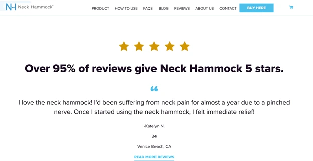 A screenshot of Neck Hammock testimonial section on its homepage