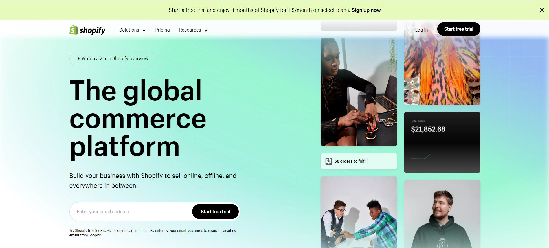 Captura de pantalla de la página de inicio de Shopify.