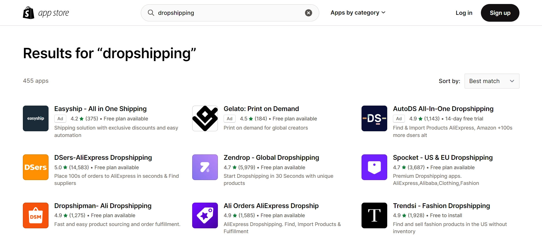 Captura de pantalla de la tienda de aplicaciones Shopify.