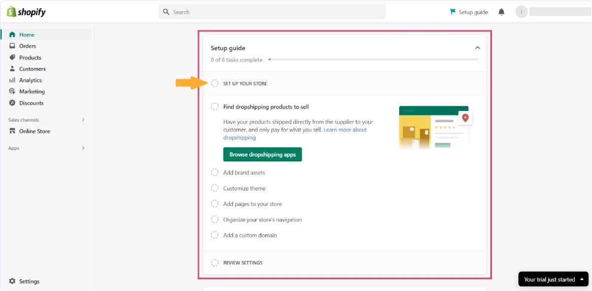 Captura de pantalla de la guía de configuración de Shopify.