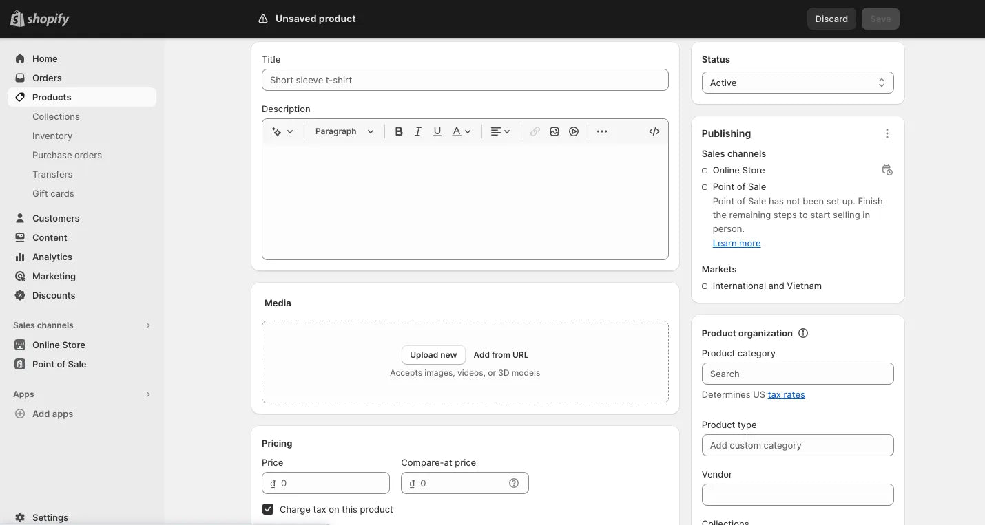 Shopify add product section