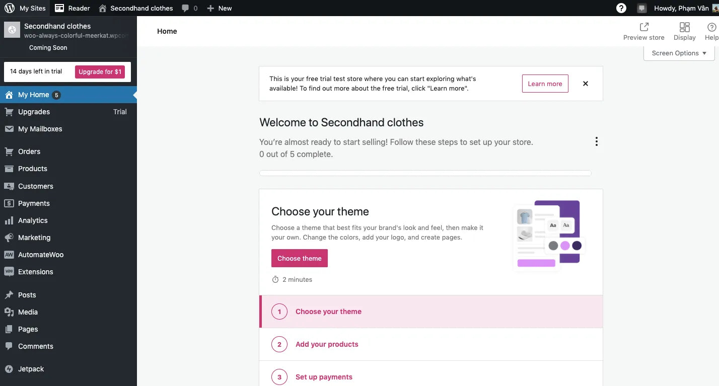 WooCommerce dashboard