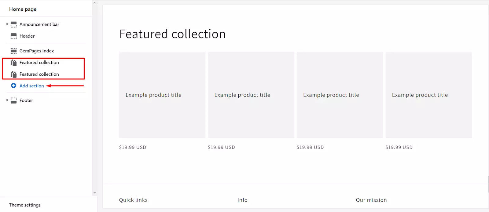 add collection shopify page add multiple featured collections