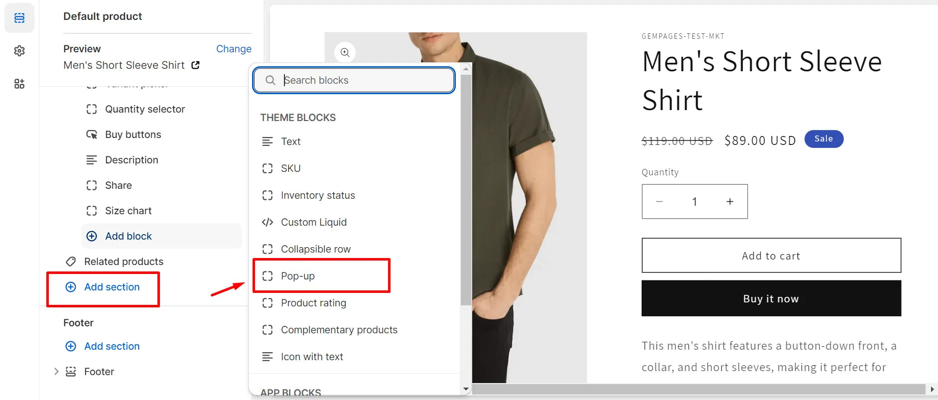 Screenshot of adding a size chart to product page template.