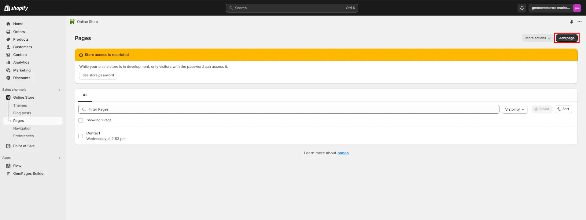screenshot of Shopify admin to add a new page