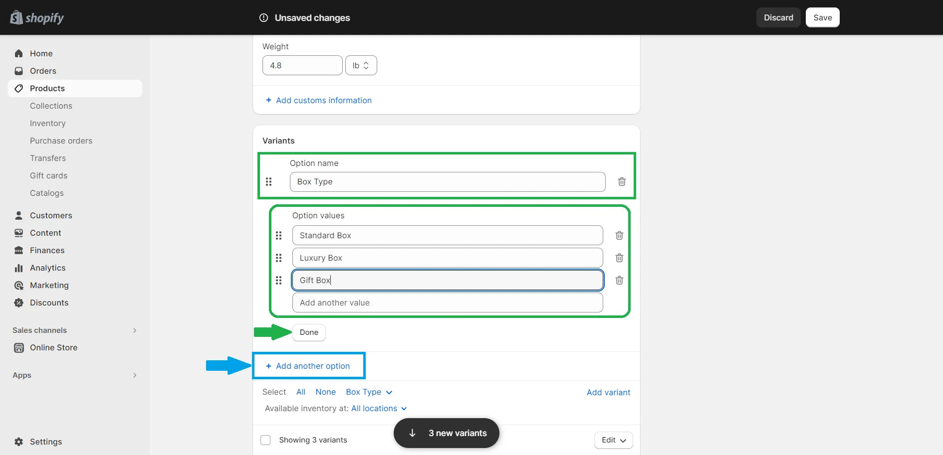 Variants section on the product page