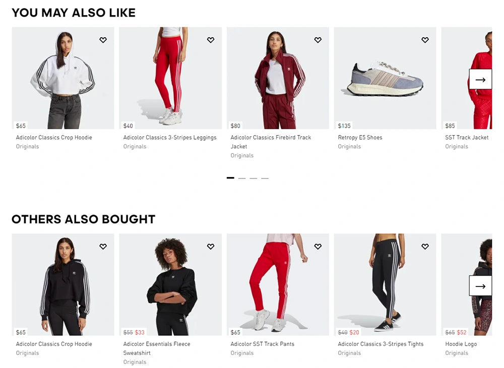 Captura de pantalla de la página de productos de Adidas