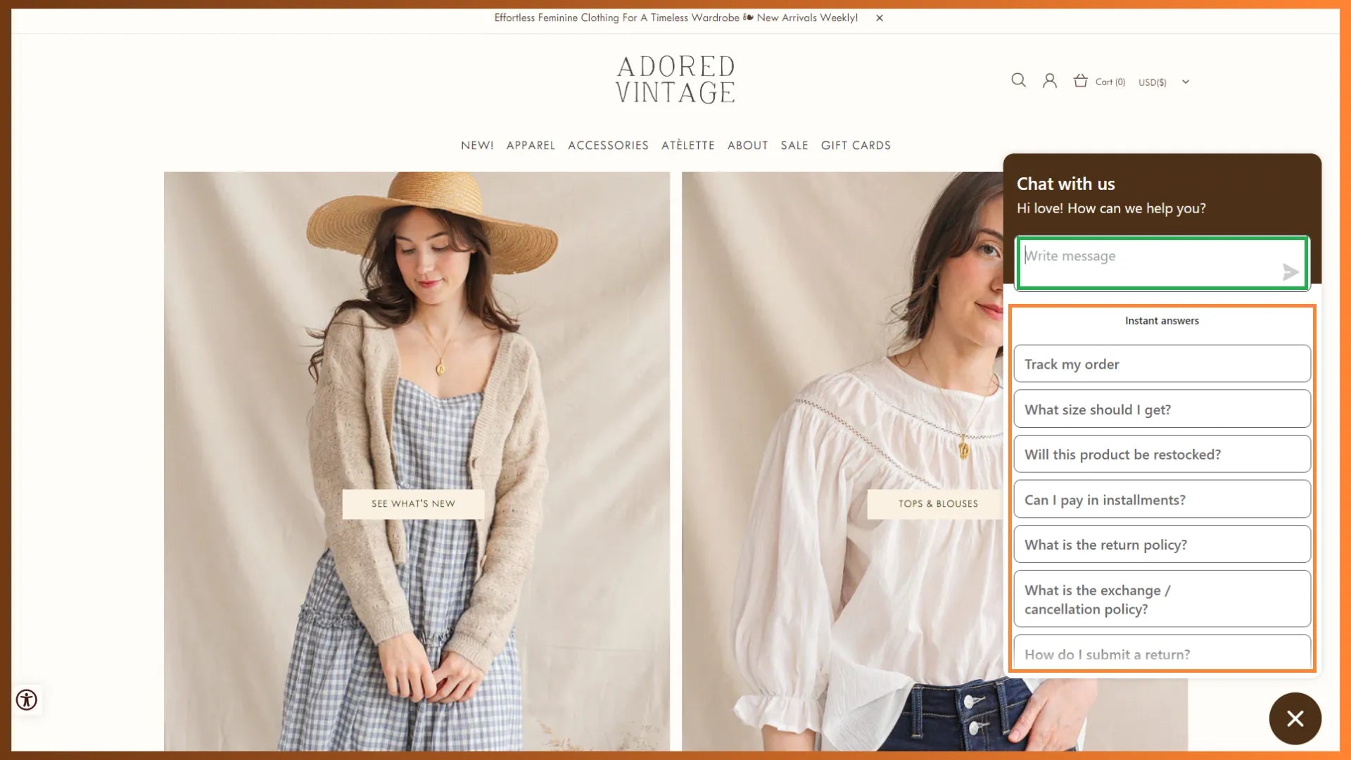 Live chat widget on Adored Vintage’s website