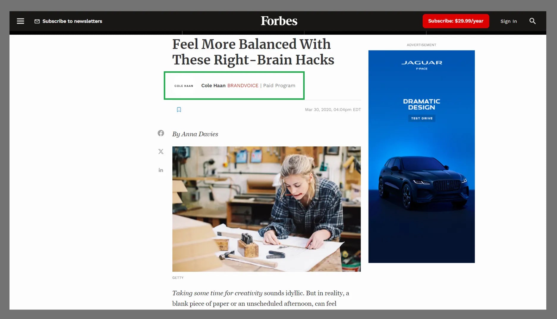 Example of an advertorial on Forbes