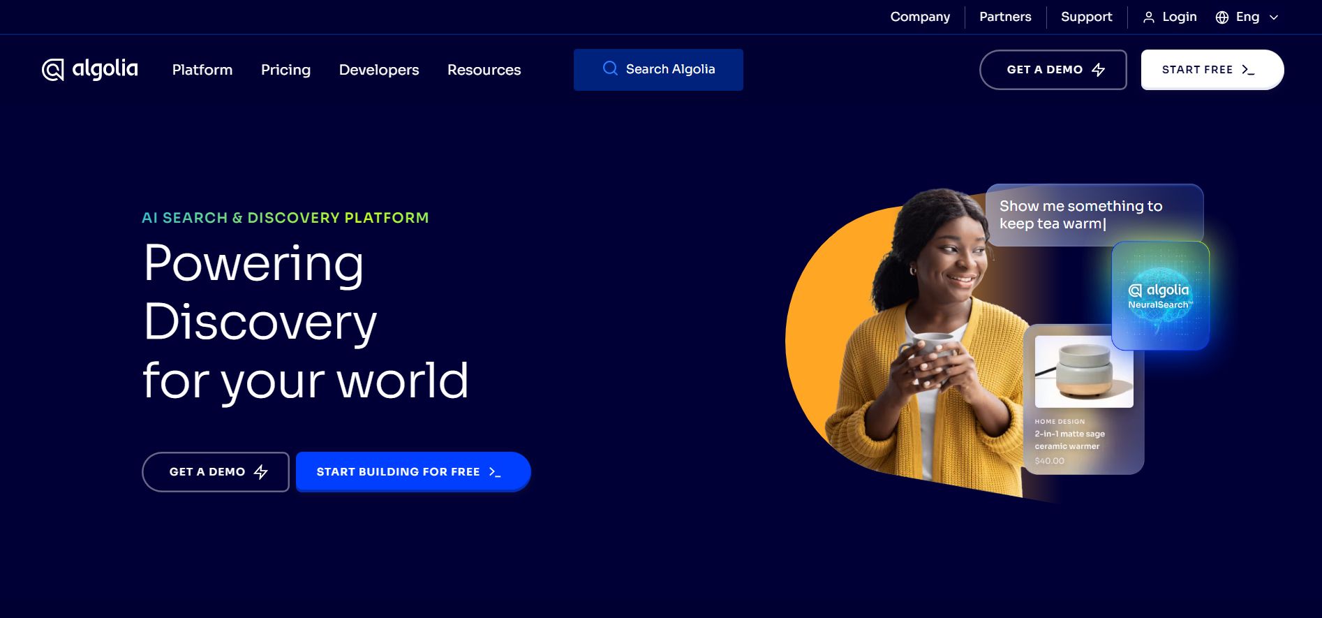 Homepage of Algolia - AI Search & Discovery Platform