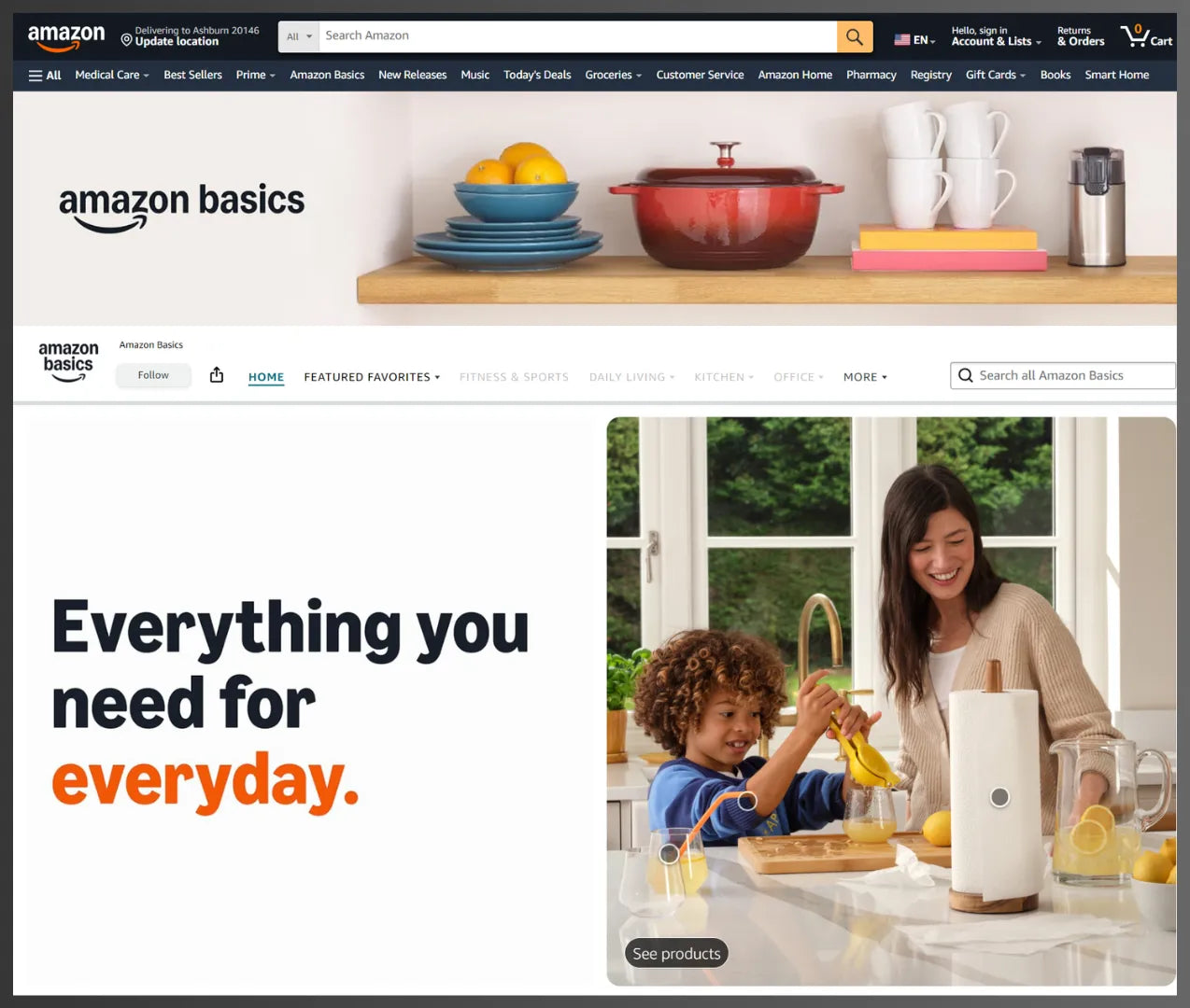 Landing page of Amazon Basics 