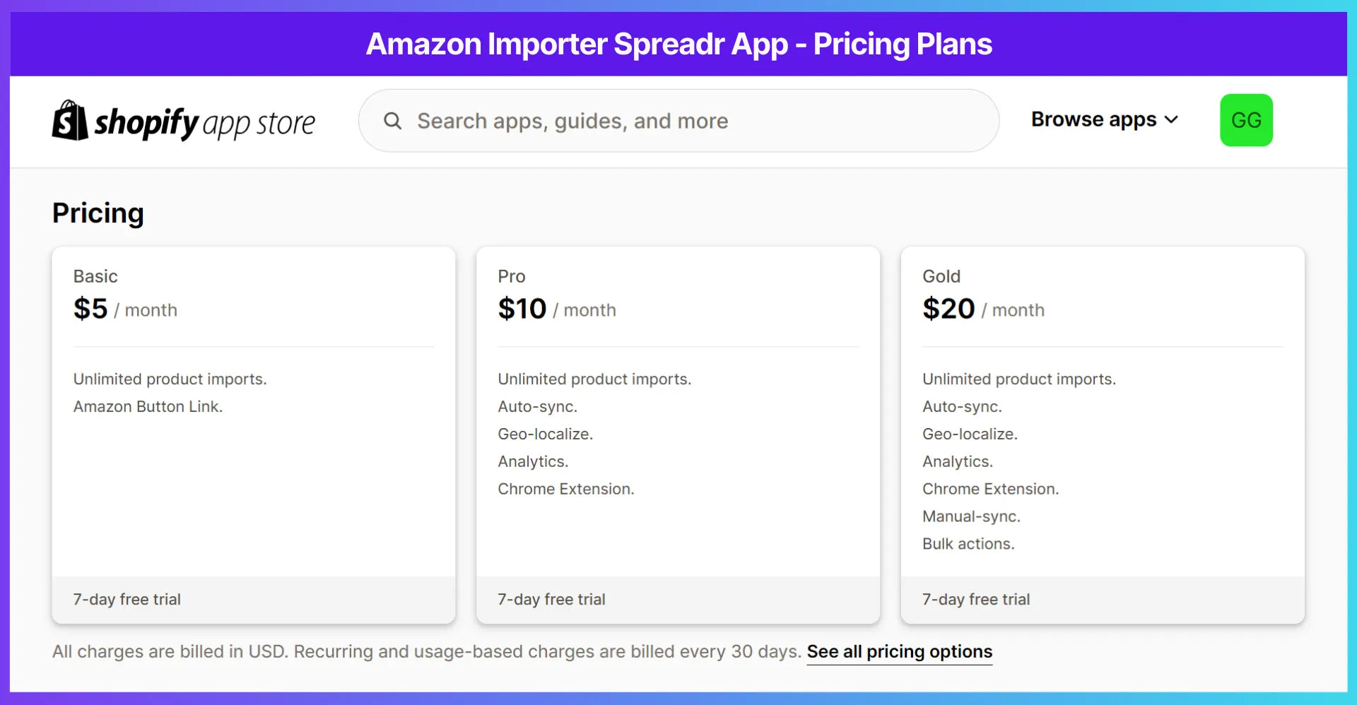 Amazon Importer Spreadr App 的定价计划