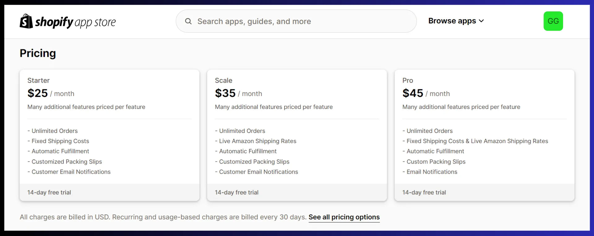 Pricing plans of Amazon MCF app by ByteStand